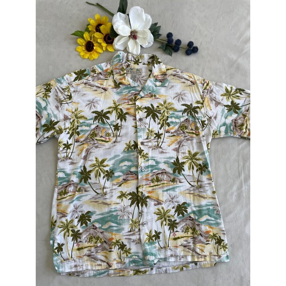 Kona Kai Mens Hawaiian Shirt Tropical Palm Tree colorful Print - Size M Y2K